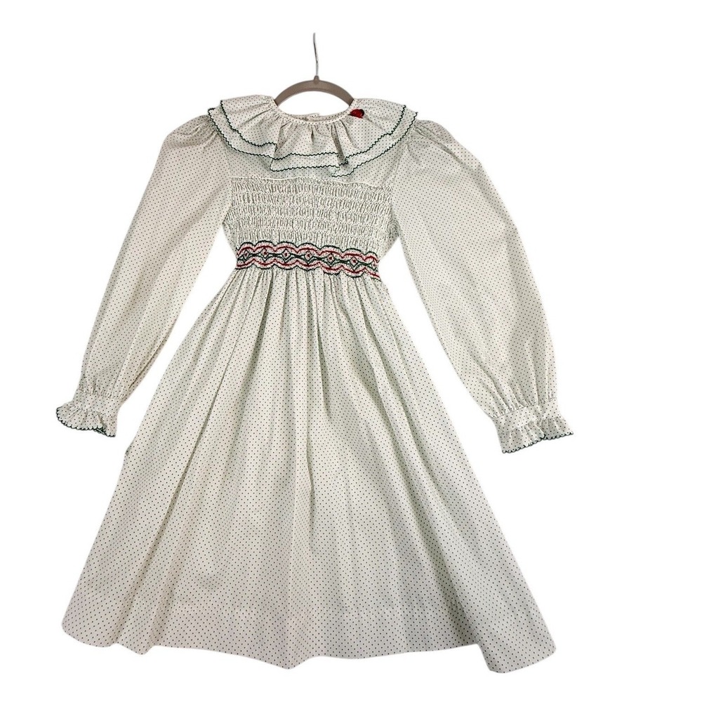 Polly Flinders Polka Dot Dress Size 8 White w/Green Smocked Embroidered Vintage